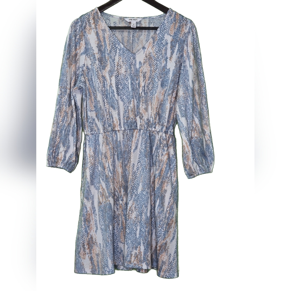 Nine West Light Blue Snake Skin Multicolor V-Neck Dress, Medium